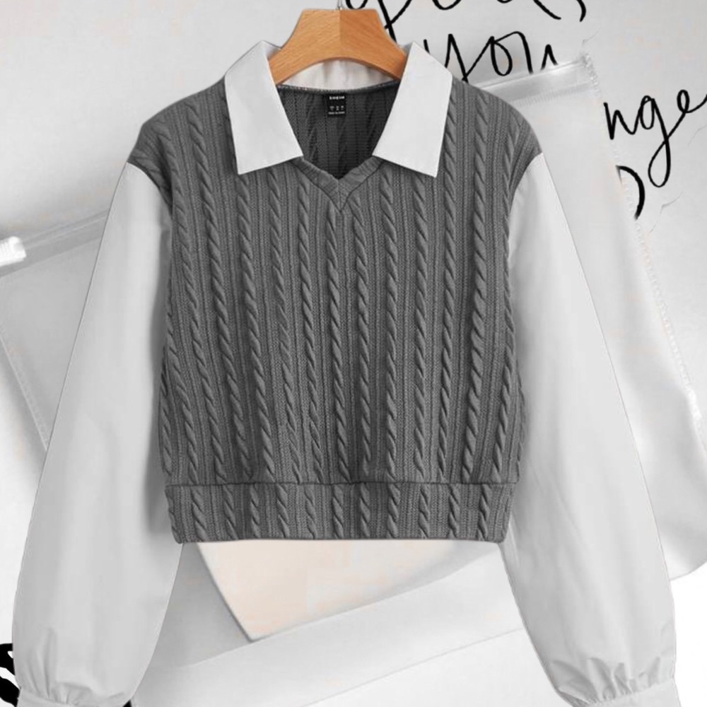 SHEIN Colorblock Cable Textured Drop Shoulder Blouse